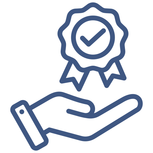 Hand holding a certification badge icon.