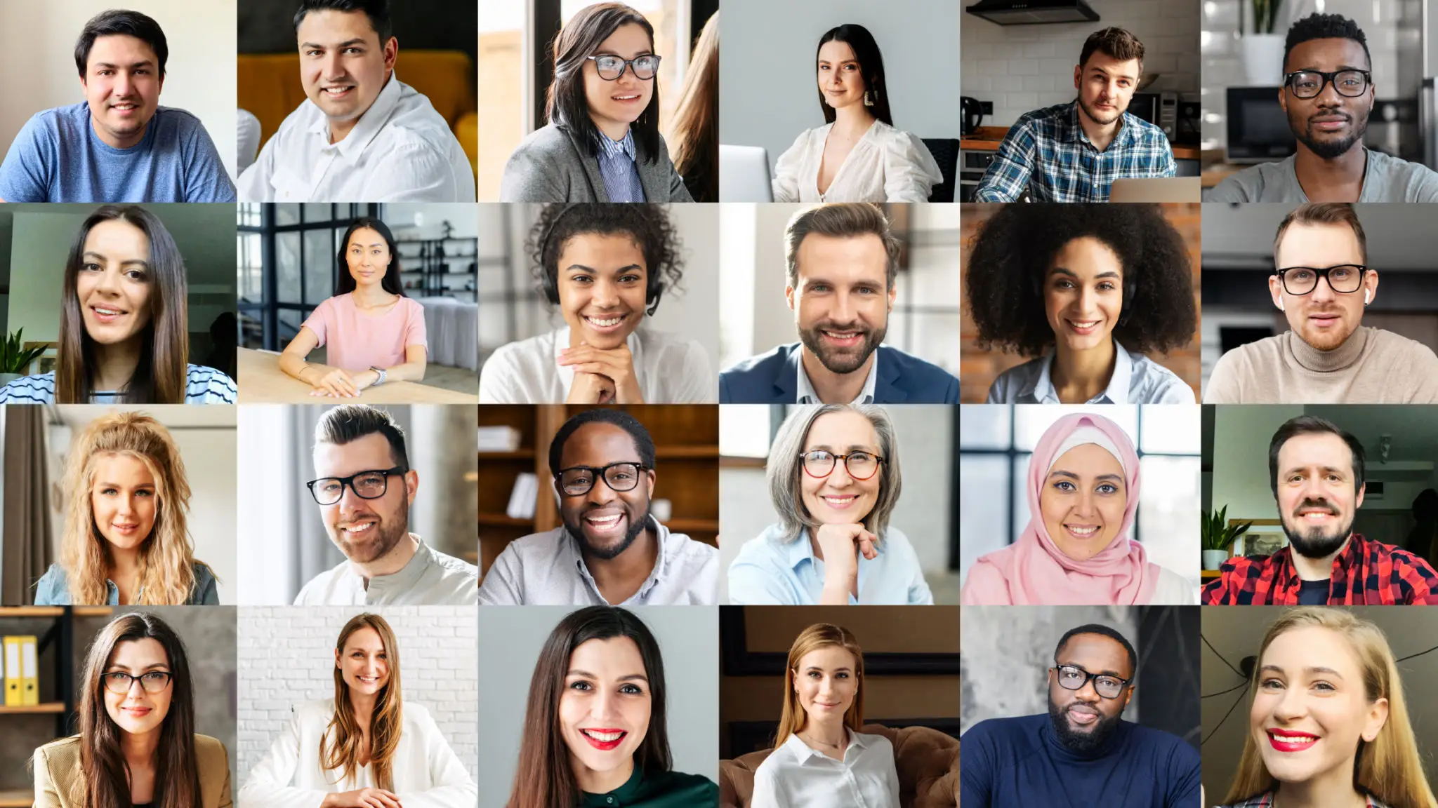 A diverse group of professionals smiling in a video conference grid.